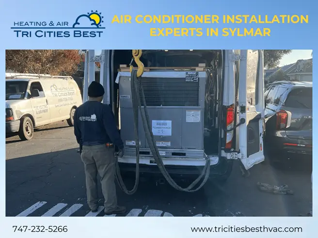 HVAC specialist with equipment, ready for air conditioner installation at a Sylmar home